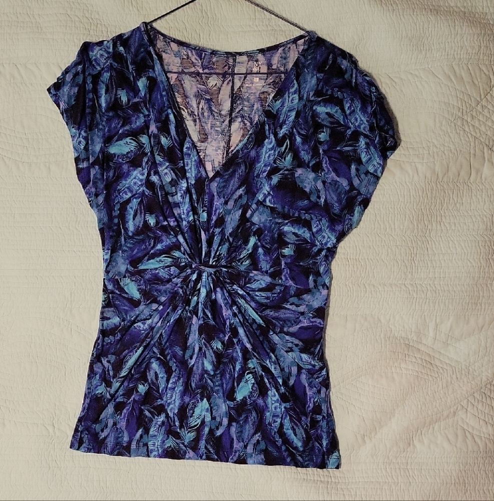 New York & Company Blue and Turquoise Feather Print Blouse